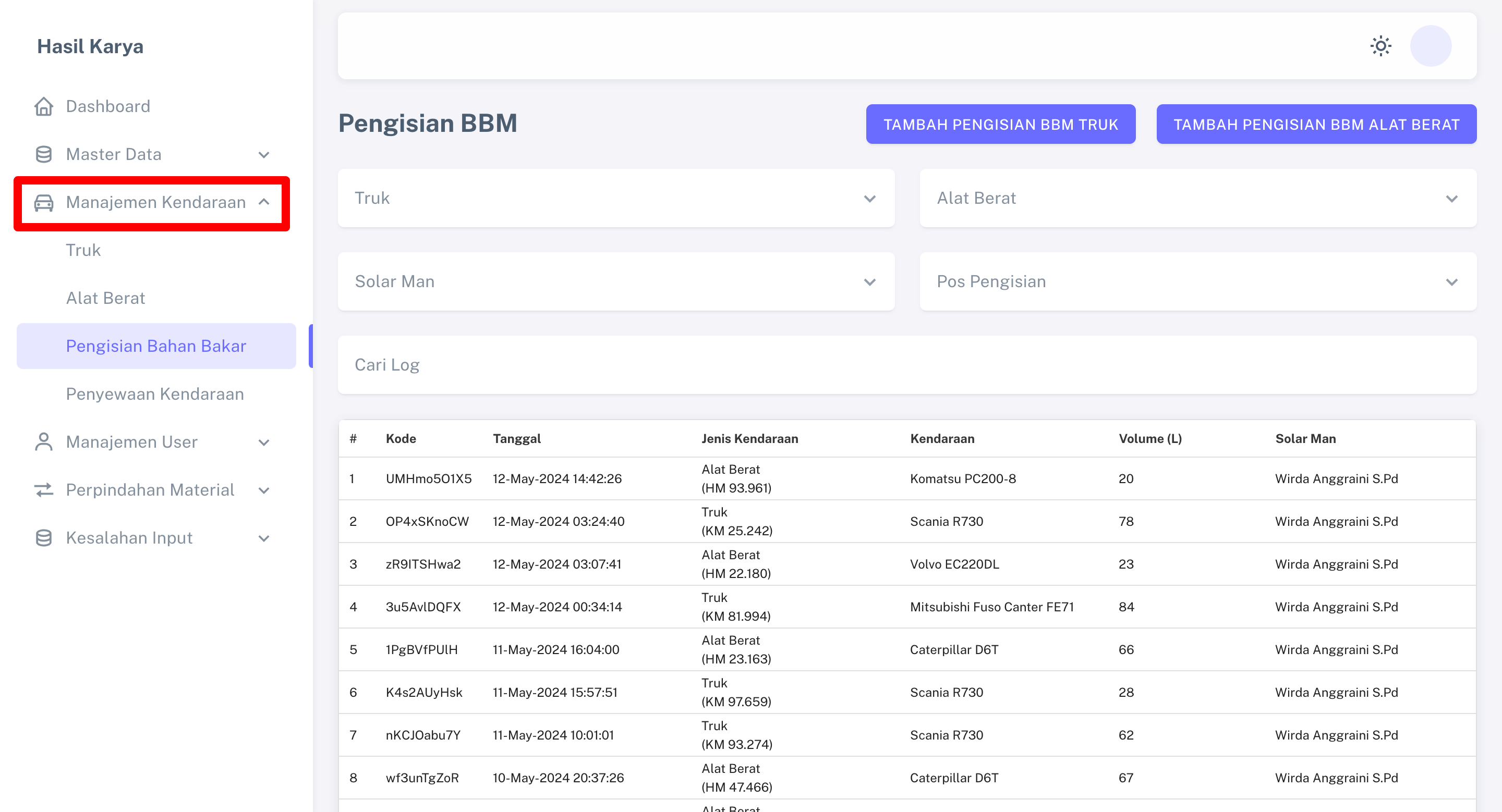 Menu Pencatatan Perpindahan Material