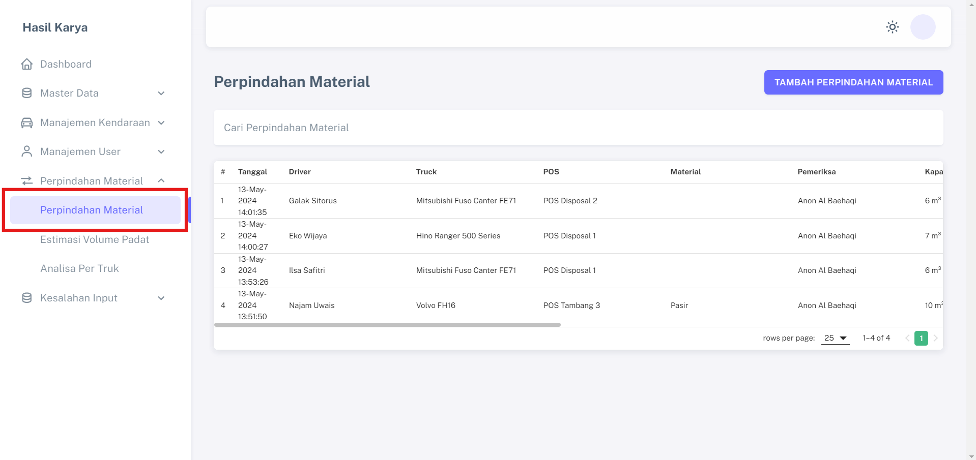 Menu Pencatatan Perpindahan Material