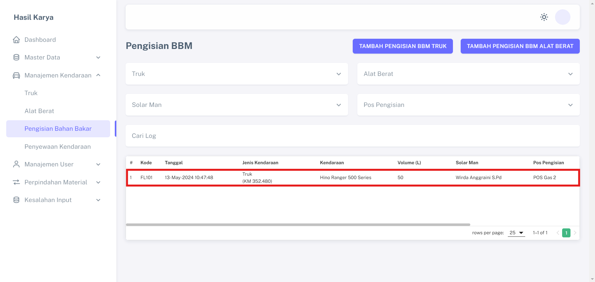 Menu Pencatatan Perpindahan Material