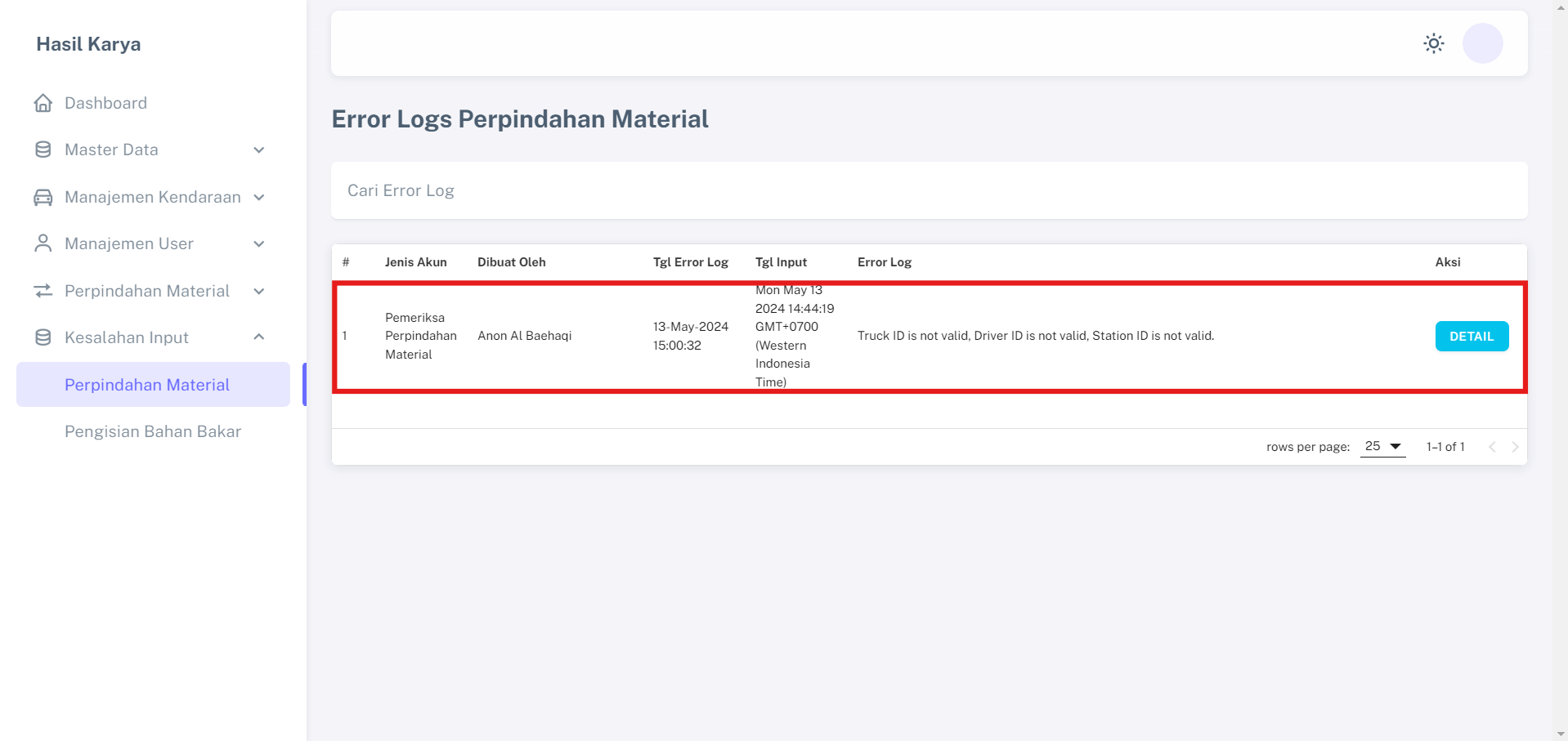 Menu Pencatatan Perpindahan Material