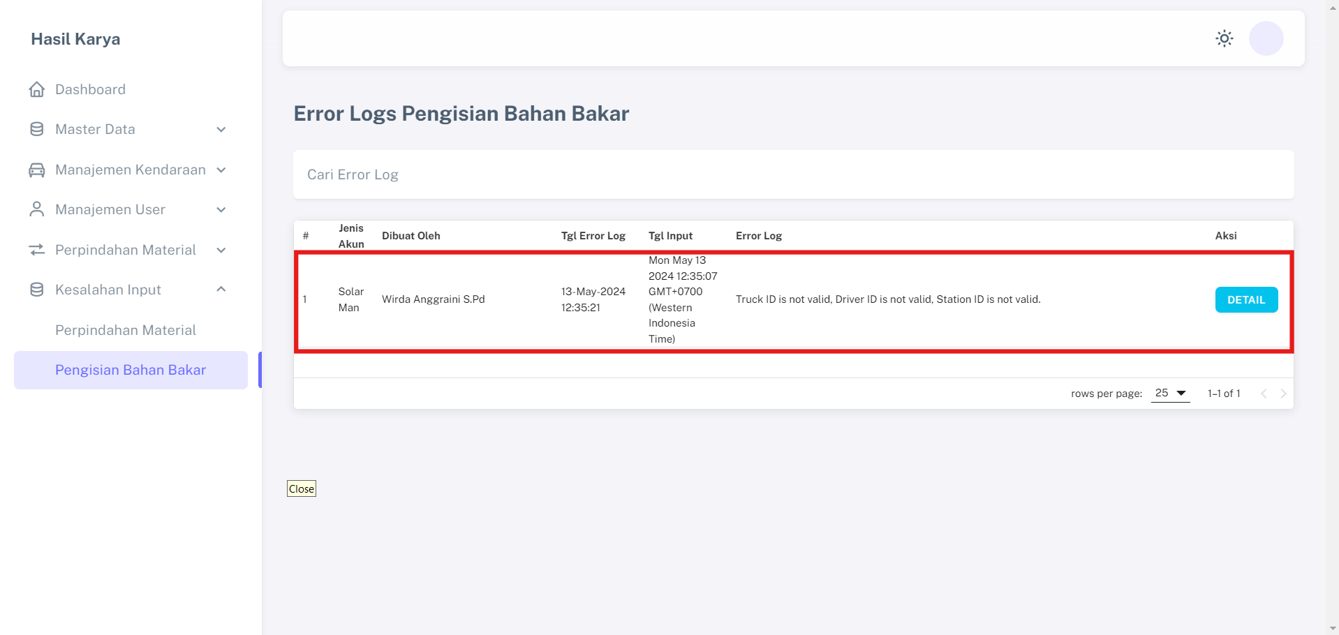 Menu Pencatatan Perpindahan Material
